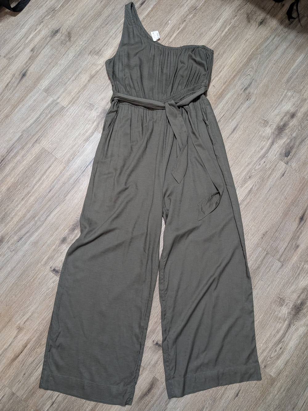 Aeropostale One-Shoulder Wide-Leg Voscse Jumpsuit Olive Green Women's XL w/ Flaw